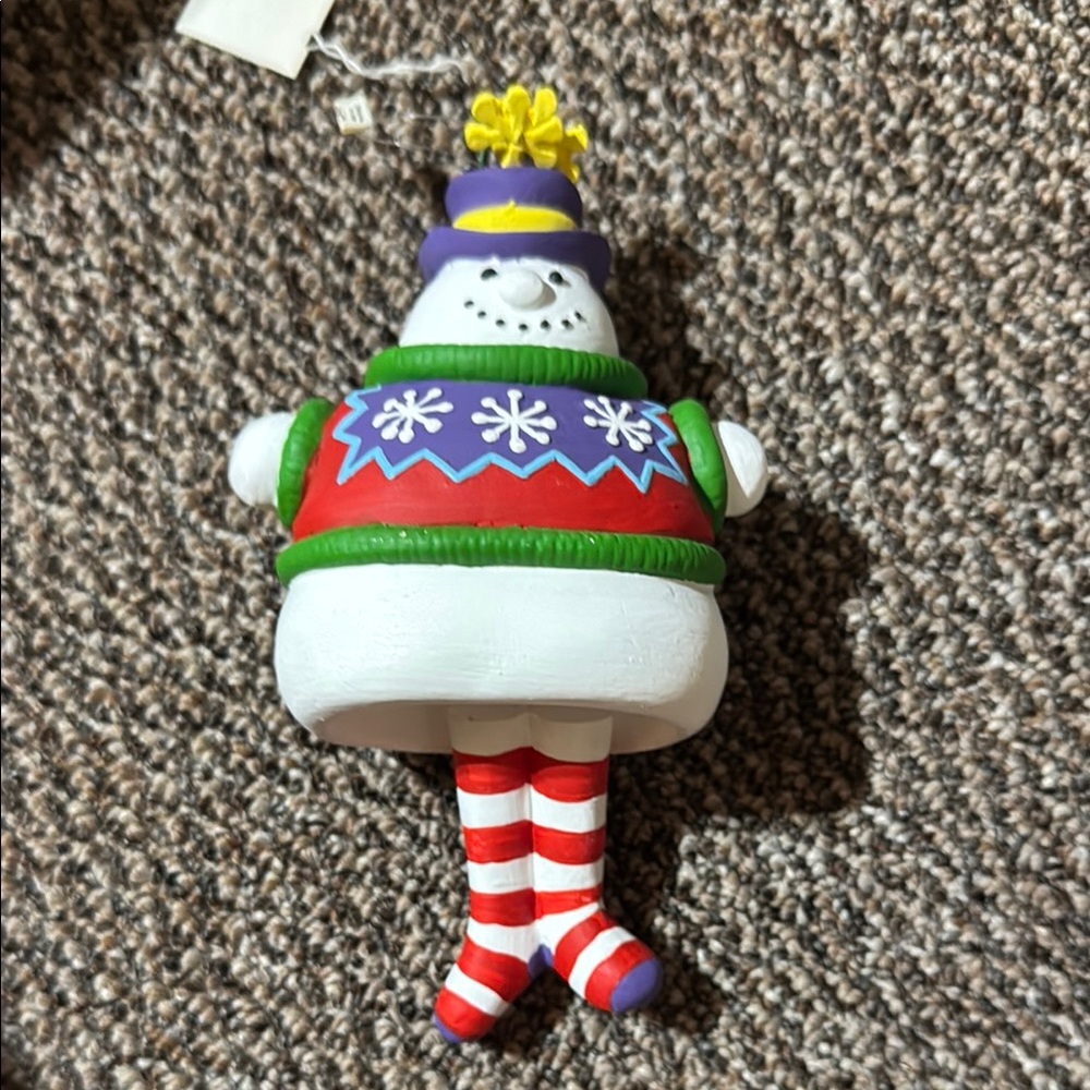 Festive Snowman Ornament with Red Striped Legs